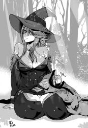 Rule 34 | 1girl, animal hood, ashiomi masato, blazblue, breasts, closed mouth, dress, greyscale, hair over one eye, hat, hood, konoe a. mercury, large breasts, long hair, monochrome, thighhighs, witch hat