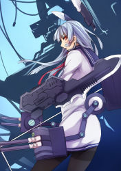 Rule 34 | 10s, 1girl, armored core, armored core: verdict day, armored core 5, dress, from software, genyaky, highres, kantai collection, long hair, murakumo (kancolle), murakumo (weapon), name connection, pantyhose, sailor dress, short dress, silver hair, solo, thighband pantyhose