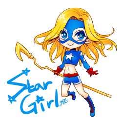 Rule 34 | 1girl, blonde hair, blue eyes, boots, character name, chibi, courtney whitmore, dc comics, gloves, mask, shorts, solo, staff, stargirl
