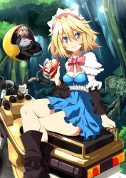 Rule 34 | 1girl, adapted costume, alice margatroid, alternate costume, bad id, bad pixiv id, blonde hair, blue eyes, blush, boots, bow, breasts, can, cleavage, contemporary, crossed legs, dress, drink can, female focus, forest, hairband, helmet, highres, kotomuke fuurin, motor vehicle, motorcycle, nature, no bra, pinky out, ribbon, shanghai doll, short hair, sitting, smile, soda, soda can, solo, touhou, tree, vehicle