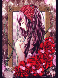 Rule 34 | 1girl, achikoako, breasts, covering privates, covering breasts, closed eyes, flower, hair flower, hair ornament, hands on own chest, headdress, long hair, megurine luka, nail polish, pink hair, plant, profile, rose, solo, thorns, topless, vines, vocaloid