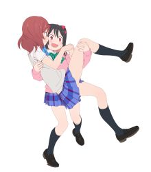 Rule 34 | 10s, 2girls, absurdres, black hair, black socks, blush, bow, carrying, full body, highres, kneehighs, loafers, love live!, love live! school idol project, multiple girls, nishikino maki, nse, open mouth, princess carry, red eyes, red hair, school uniform, shoes, short hair, simple background, skirt, smile, socks, sweat, sweatdrop, twintails, white background, yazawa nico, yuri