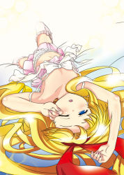 Rule 34 | 1girl, akisu karasu, amae koromo, blonde hair, blue eyes, one eye closed, ribbon, saki (manga), sleeping, solo, wink