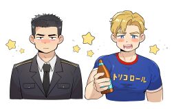 Rule 34 | 2boys, absurdres, ao isami, bara, blonde hair, blush, blush stickers, bottle, couple, cropped torso, facial hair, highres, holding, holding bottle, lewis smith, light frown, male focus, multiple boys, pectorals, shirt, sideburns stubble, star (symbol), starry background, stubble, thick eyebrows, wasted m9, yaoi, yuuki bakuhatsu bang bravern