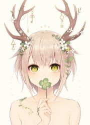 Rule 34 | 1girl, antlers, blonde hair, blush, clover, collarbone, commentary request, covering own mouth, eyelashes, flower, four-leaf clover, green eyes, hair flower, hair ornament, highres, holding, horn ornament, horns, jewelry, key, looking at viewer, muryotaro, nude, original, plant, short hair, solo, tsurime, upper body, x hair ornament