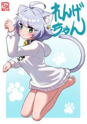 Rule 34 | 1girl, absurdres, ahoge, animal ear fluff, animal ears, bad id, bad twitter id, bare legs, barefoot, blue background, blush, cat ears, cat girl, cat tail, character name, clothes writing, collar, commentary, ear piercing, frown, full body, gradient background, green eyes, grey hair, highres, hood, hood down, hoodie, long sleeves, mole, mole under mouth, ngetyan, original, paw pose, paw print, paw print background, piercing, renge (ngetyan), short hair, simple background, solo, tail, translated, white hoodie