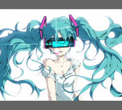 Rule 34 | 1girl, aqua hair, eto, female focus, hatsune miku, head-mounted display, headset, letterboxed, long hair, solo, twintails, very long hair, visor, vocaloid, white background