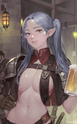 Rule 34 | 1boy, 1girl, alcohol, armor, artist name, beer, beer mug, belt, black hair, blue eyes, blue hair, breasts, brown gloves, capelet, cleavage, cup, earrings, fantasy, fire, fire, gloves, green eyes, grey eyes, grey hair, highres, holding, holding cup, indoors, jewelry, ki min-woo, large breasts, long hair, looking at viewer, medium breasts, mug, navel, original, parted lips, pauldrons, pointy ears, revealing clothes, sheath, sheathed, shoulder armor, smile, solo focus, stomach, sword, twintails, weapon
