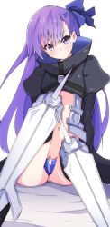 Rule 34 | 10s, 1girl, armor, armored boots, blue eyes, blue ribbon, boots, coat, crotch plate, enelis, fate/extra, fate/extra ccc, fate (series), hair ribbon, long hair, long sleeves, meltryllis (fate), purple hair, revealing clothes, ribbon, sleeves past wrists, solo, spikes, very long hair