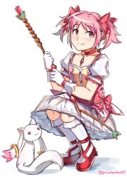 Rule 34 | 1girl, bow, bow (weapon), choker, closed mouth, commentary, dress, full body, gloves, graysheartart, hair bow, highres, holding, holding bow (weapon), holding weapon, kaname madoka, kaname madoka (magical girl), kneehighs, kyubey, looking at viewer, mahou shoujo madoka magica, mahou shoujo madoka magica (anime), petticoat, pink bow, pink choker, pink dress, pink eyes, pink hair, puffy short sleeves, puffy sleeves, red footwear, shoes, short hair, short sleeves, simple background, skirt, smile, socks, solo, soul gem, squatting, twintails, twitter username, weapon, white background, white gloves, white skirt, white socks