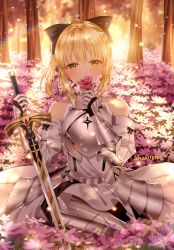 Rule 34 | 1girl, ahoge, armor, armored boots, armored dress, artoria pendragon (all), artoria pendragon (fate), black bow, blonde hair, blush, boots, bow, caliburn (fate), commentary, covered mouth, dress, fate/stay night, fate/unlimited codes, fate (series), field, flower, flower field, flower over mouth, gauntlets, green eyes, hair between eyes, hair bow, hand up, head tilt, high ponytail, highres, holding, holding flower, holding sword, holding weapon, junpaku karen, long hair, looking at viewer, outdoors, pink flower, ponytail, purple flower, saber lily, sitting, solo, sunset, sword, tree, weapon, white dress, white flower