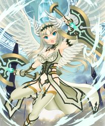 Rule 34 | 1girl, :o, blonde hair, blue theme, breasts, cleavage, clothing cutout, cloud, dual wielding, fingerless gloves, gloves, head wings, highres, holding, long hair, looking at viewer, navel, navel cutout, nokia (harusion), original, reverse grip, shingoku no valhalla gate, sky, solo, sword, thighhighs, vambraces, weapon, white gloves, white thighhighs, wings