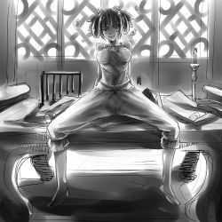 Rule 34 | 1girl, antaria, breasts, chinese clothes, dudou, greyscale, impossible clothes, jewelry, looking at viewer, monochrome, necklace, original, signature, sitting, sketch, smile, solo