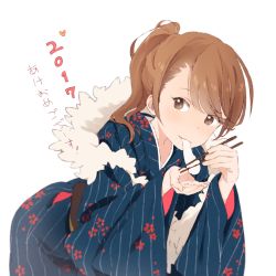 Rule 34 | 1girl, 2017, bad id, bad twitter id, blue kimono, blush, brown eyes, brown hair, chopsticks, commentary request, cupping hands, earrings, floral print, food, fur trim, highres, holding, holding chopsticks, japanese clothes, jewelry, kimono, leaning forward, long hair, looking at viewer, mochi, obi, own hands together, ponytail, sash, smile, solo, ssukguk, swept bangs, translation request, upper body, wagashi