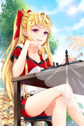 Rule 34 | 1girl, bare shoulders, blonde hair, board game, bow, chess, cinia pacifica, cloud, cocoon (loveririn), crossed legs, day, drill hair, hand on own cheek, hand on own face, long hair, lowres, open mouth, pink eyes, ponytail, ribbon, shirt, shorts, sitting, sky, solo, sword girls, table, tree