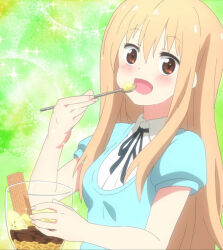 Rule 34 | 1girl, banana, blonde hair, blush, brown eyes, chocolate, doma umaru, dot nose, eating, food, fruit, hair between eyes, himouto! umaru-chan, holding, holding spoon, long hair, looking at viewer, open mouth, parfait, solo, sparkle, spoon, stitched, third-party edit, wafer, wafer stick