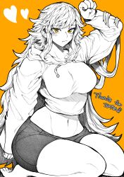 Rule 34 | 1girl, absurdres, barefoot, blush, breasts, closed mouth, commission, copyright request, greyscale, greyscale with colored background, heart, highres, jacket, large breasts, long hair, long sleeves, looking at viewer, midriff, monochrome, navel, orange background, orange eyes, simple background, sitting, skeb commission, solo, tears, thank you, thighs, toes, wariza, yotsumi shiro