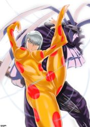 Rule 34 | 1girl, 1other, armpits, arms up, artist request, ass, bodysuit, breasts, from below, gluteal fold, grey eyes, grey hair, groin, hair between eyes, harlequin (karakuri circus), karakuri circus, large breasts, leg lift, leg up, looking at viewer, marionette, parted lips, polka dot, puppet, shiny clothes, shirogane (karakuri circus), short hair, simple background, skin tight, thighs, white background, wide hips
