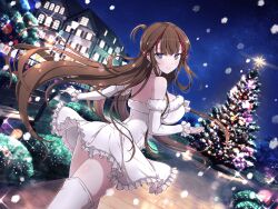 Rule 34 | 1girl, ass, ass focus, bench, blue eyes, breasts, brown hair, bush, christmas, christmas tree, detached sleeves, dress, earrings, flower-shaped pupils, hair ornament, house, huge breasts, jewelry, long hair, looking at viewer, night, night sky, official art, outdoors, plant, senran kagura, senran kagura new link, sky, smile, snow, snowing, solo, symbol-shaped pupils, thighhighs, toki (senran kagura), tree, white dress