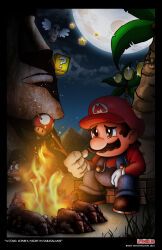 Rule 34 | 1boy, 4others, ? block, brown hair, campfire, coin, facial hair, fire, frown, gloves, gold coin, goomba, grass, hat, highres, mario, mario (series), moon, multiple others, mustache, night, night sky, nintendo, overalls, palm tree, pyramid, sky, super mario land, super mushroom, super star (mario), tree, wings
