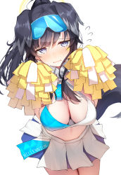 Rule 34 | 1girl, animal ears, black hair, blue archive, blush, breasts, cheerleader, cleavage, clothes writing, crop top, dog ears, dog girl, dog tail, flying sweatdrops, goggles, goggles on head, grey eyes, hibiki (blue archive), hibiki (cheer squad) (blue archive), highres, holding, holding pom poms, large breasts, long hair, looking at viewer, millennium cheerleader outfit (blue archive), nidaime (doronbo), open mouth, pleated skirt, pom pom (cheerleading), pom poms, ponytail, simple background, skirt, solo, sweat, tail, wavy mouth, white background