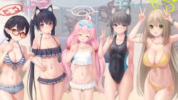 Rule 34 | 5girls, ahoge, animal ears, ayane (blue archive), ayane (swimsuit) (blue archive), bikini, black bikini, black hair, black one-piece swimsuit, blue archive, blue eyes, blue halo, breasts, cat ears, cleavage, closed eyes, closed mouth, collarbone, cross hair ornament, cyelho, double v, eyewear on head, foreclosure task force (blue archive), frilled bikini, frills, front-tie top, glasses, green eyes, green halo, grey hair, grey shorts, hair between eyes, hair ornament, halo, highres, hoshino (blue archive), hoshino (swimsuit) (blue archive), large breasts, light brown hair, long hair, looking at viewer, medium breasts, multiple girls, navel, nonomi (blue archive), nonomi (swimsuit) (blue archive), official alternate costume, one-piece swimsuit, pink hair, pink halo, pointy ears, red-framed eyewear, red eyes, red halo, serika (blue archive), serika (swimsuit) (blue archive), shiroko (blue archive), shiroko (swimsuit) (blue archive), short hair, short shorts, shorts, side-tie bikini bottom, small breasts, smile, striped, striped bikini, swimsuit, twintails, v, white bikini, wolf ears, yellow bikini, yellow eyes