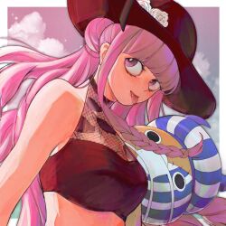 Rule 34 | 1girl, bikini, blunt bangs, braid, commentary, english commentary, half updo, hat, highres, holding, holding stuffed toy, kumacy, long hair, looking to the side, mygiorni, one-piece swimsuit, one piece, perona, pink hair, red bikini, sidelocks, solo, stuffed toy, swimsuit, tongue, tongue out, turtleneck, turtleneck one-piece swimsuit, upper body
