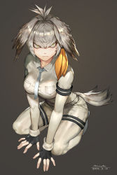 Rule 34 | 10s, 1girl, 2017, absurdres, artist name, belt, bird tail, black gloves, black hair, bodystocking, breasts, closed mouth, collared shirt, dated, fingerless gloves, full body, gloves, grey background, grey hair, grey shirt, head wings, highres, kemono friends, kneeling, large breasts, long hair, looking at viewer, low ponytail, multicolored hair, necktie, orange hair, pocket, ramgu, shirt, shoebill (kemono friends), short sleeves, side ponytail, simple background, solo, tail, wings, yellow eyes