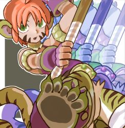 Rule 34 | 1girl, animal ears, arm up, armlet, body fur, bottomless, breath of fire, breath of fire ii, facial mark, fang, fingerless gloves, gloves, green eyes, holding, holding staff, lowres, open mouth, orange hair, purple gloves, rinpoo chuan, sharp toenails, short hair, sicky (pit-bull), solo, staff, tail, tiger ears, tiger girl, tiger tail, toenails, whisker markings
