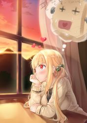 Rule 34 | 1girl, ahoge, black bow, blonde hair, blush, bow, breasts, closed mouth, desk, heart, highres, ifnil, indoors, long hair, long sleeves, looking away, medium breasts, original, red eyes, smile, solo, sunset, thought bubble, translation request, twintails, window