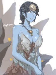 Rule 34 | 1girl, bare shoulders, blue skin, breasts, brown hair, cleavage, collarbone, colored skin, glasses, hair ornament, jewelry, large breasts, looking at viewer, medium hair, monster girl, mother (warframe), necklace, no pupils, open mouth, solo, warframe, white eyes, zxpfer