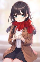 Rule 34 | 1girl, artist name, black hair, black skirt, blue eyes, blurry, blurry background, blush, brown coat, buttons, coat, cowboy shot, enpera, food, highres, holding, holding food, long hair, long sleeves, looking at viewer, md5 mismatch, miniskirt, open clothes, open coat, original, parted lips, pleated skirt, red scarf, resolution mismatch, scarf, shirt, sidelocks, sitting, skirt, solo, source larger, soyubee, steam, white shirt, wing collar, winter clothes