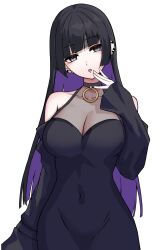 Rule 34 | 1girl, black choker, black dress, bocchi the rock!, breasts, chin piercing, choker, cleavage, colored inner hair, covered navel, dress, ear piercing, goth fashion, hand up, highres, hime cut, kushinaka, large breasts, lip piercing, long hair, multicolored hair, o-ring, pa-san, piercing, solo, two-tone, white background