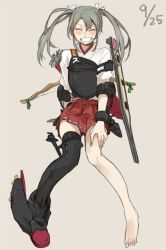 Rule 34 | 10s, 1girl, bad id, bad twitter id, barefoot, black footwear, boots, bow (weapon), closed eyes, green hair, grin, japanese clothes, kantai collection, muneate, ree (re-19), shoes, single shoe, single thighhigh, smile, solo, thigh boots, thighhighs, twintails, weapon, zuikaku (kancolle)