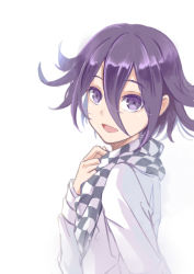 Rule 34 | 1boy, :d, ascot, checkered ascot, checkered clothes, checkered scarf, danganronpa (series), danganronpa v3: killing harmony, hair between eyes, hand on own chest, long sleeves, looking at viewer, looking to the side, male focus, open mouth, oma kokichi, purple eyes, purple hair, ringed eyes, scarf, shiro q~, shirt, simple background, smile, upper body, white background, white shirt