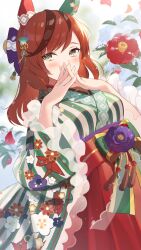Rule 34 | 1girl, animal ears, blush, breasts, brown eyes, brown hair, ear covers, hair ornament, hand on own face, highres, horse ears, horse girl, japanese clothes, kimono, kkokko, long hair, long sleeves, looking at viewer, medium breasts, medium hair, multicolored hair, nice nature (converging wishes) (umamusume), nice nature (negaino kasane) (umamusume), nice nature (umamusume), obi, official alternate costume, official alternate hairstyle, outdoors, print kimono, red hair, sash, solo, streaked hair, striped clothes, striped kimono, twintails, umamusume, vertical stripes