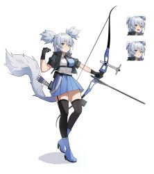 Rule 34 | 1girl, absurdres, arrow (projectile), black gloves, black jacket, black necktie, black thighhighs, blue eyes, blue footwear, blue skirt, bow (weapon), breasts, collared shirt, expressions, garter straps, gloves, grey hair, hair between eyes, highres, holding, holding bow (weapon), holding weapon, jacket, linyao1114, medium breasts, muneate, necktie, open clothes, open jacket, original, pleated skirt, quiver, shirt, skirt, tail, thighhighs, twintails, unzipped, weapon, white shirt, zettai ryouiki