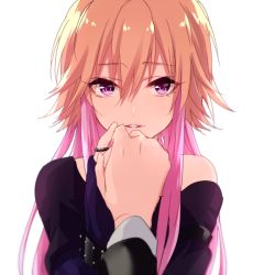 Rule 34 | 10s, 1girl, bare shoulders, eyebrows, hair between eyes, holding hands, idolmaster, idolmaster cinderella girls, jewelry, long hair, long sleeves, looking at viewer, multicolored hair, ninomiya asuka, noda (yncoon), off shoulder, orange hair, out of frame, parted lips, pink eyes, pink hair, pov, pov hands, ring, sawa (yncoon), simple background, solo focus, two-tone hair, upper body, white background