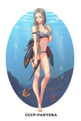 Rule 34 | 1girl, anchor, bikini, blue eyes, braid, braided ponytail, chain, character name, commentary request, full body, gun, handgun, highres, holding, holding own hair, holding weapon, kantai collection, legs, looking at viewer, pacific (kancolle), panther (pacific), pistol, plait, rigging, signature, silver hair, sima naoteng, single braid, solo, striped bikini, striped clothes, swimsuit, weapon