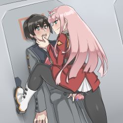 Rule 34 | 10s, 1boy, 1girl, aqua eyes, black hair, black pantyhose, blush, boots, censored, clothed sex, darling in the franxx, face grab, femdom, foot kabedon, hair between eyes, handjob, hiro (darling in the franxx), horns, kabedon, long hair, maji-pan, military, military uniform, open mouth, pantyhose, penis, pink hair, smile, standing, standing on one leg, uniform, zero two (darling in the franxx)