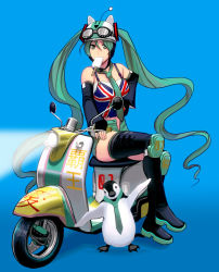 Rule 34 | 1girl, aqua eyes, aqua hair, bad id, bad pixiv id, bird, boots, contemporary, detached sleeves, female focus, fingerless gloves, flag print, food, full body, gloves, gradient background, hatsune miku, helmet, kouno (masao), long hair, motor vehicle, necktie, penguin, popsicle, scooter, shorts, sitting, solo, thigh boots, thighhighs, twintails, union jack, unzipped, vehicle, very long hair, vocaloid