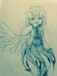 Rule 34 | 1girl, boots, bow, bowtie, commentary request, covering own mouth, cowboy shot, dress, efukei, expressionless, feathered wings, hair between eyes, hand up, jacket, kishin sagume, long sleeves, looking at viewer, monochrome, open clothes, open jacket, short hair, single wing, solo, standing, touhou, traditional media, wings