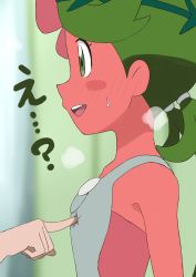 Rule 34 | 1girl, ?, bare arms, blurry, blurry background, blush, blush stickers, commentary, creatures (company), embarrassed, eyelashes, from side, full-body blush, game freak, green eyes, green hair, grey overalls, hair tie, highres, mallow (pokemon), meronshiroppu, nintendo, open mouth, overalls, pokemon, pokemon sm, poking, smile, steam, sweatdrop, swept bangs, symbol-only commentary, teeth, tongue, translated, trial captain, upper teeth only