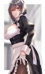 Rule 34 | 1girl, apron, black pantyhose, blurry, blurry background, border, breasts, brown hair, cleavage cutout, clothes lift, clothing cutout, frills, from side, frown, gloves, hair between eyes, highres, large breasts, lifting own clothes, long sleeves, looking at viewer, maid, maid apron, maid headdress, onineko-chan, original, pantyhose, short hair, skirt, skirt lift, solo, sweatdrop, torn clothes, torn pantyhose, white border, white gloves, wrist cuffs, yellow eyes