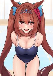 Rule 34 | 1girl, arms behind back, backlighting, blue one-piece swimsuit, blush, bow, breasts, brown hair, cleavage, daiwa scarlet (umamusume), embarrassed, hair between eyes, hair bow, hair intakes, highres, hukahito, indoors, large breasts, leaning forward, long hair, looking at viewer, one-piece swimsuit, pool, red bow, red eyes, school swimsuit, solo, sweatdrop, swimsuit, thighs, tiara, twintails, umamusume, very long hair