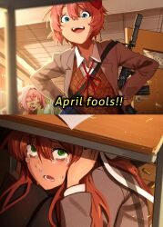 Rule 34 | &gt; &lt;, 3girls, :d, absurdres, april fools, blue eyes, brown hair, bullet, commentary, crying, crying with eyes open, doki doki literature club, fang, grey jacket, hands on own hips, highres, indoors, jacket, khyle., long sleeves, monika (doki doki literature club), multiple girls, natsuki (doki doki literature club), open clothes, open jacket, open mouth, pink hair, sayori (doki doki literature club), short hair, smile, tears, under table