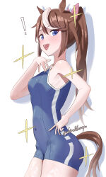 ! absurdres ahiru3desuyo animal_ears blue_eyes blue_one-piece_swimsuit breasts brown_hair clothing_cutout competition_school_swimsuit hand_on_own_hip highres horse_ears horse_girl horse_tail long_hair multicolored_hair one-piece_swimsuit ponytail school_swimsuit simple_background single_vertical_stripe small_breasts sparkle streaked_hair swimsuit tail tail_through_clothes tokai_teio_(umamusume) tracen_swimsuit umamusume white_background white_hair