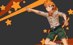 Rule 34 | 1boy, akiba hiro, belt, black background, brown shirt, camp buddy, feet out of frame, green shorts, hair ornament, hairpin, highres, looking at viewer, male focus, mikkoukun, official art, official wallpaper, orange eyes, orange hair, orange hood, pointing, shirt, shorts, smile, solo, star (symbol), starry background, tail, undercut