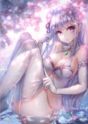 Rule 34 | 10s, 1girl, ass, bare shoulders, blush, bra, breasts, cleavage, collarbone, detached collar, elbow gloves, emilia (re:zero), female focus, flower, gloves, groin, hair flower, hair ornament, lingerie, long hair, looking at viewer, medium breasts, no panties, panties, parted lips, partially submerged, pointy ears, purple eyes, re:zero kara hajimeru isekai seikatsu, signature, silver hair, sitting, smile, solo, thighhighs, underwear, underwear only, wet, white bra, white thighhighs, xing