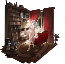 Rule 34 | 1girl, book, book stack, bookshelf, bottle, breasts, couch, crab, crt, desk, dress, eternity (reverse:1999), full body, gloves, hand up, highres, indoors, ladder, large breasts, library, long hair, long sleeves, looking at viewer, nightgown, official art, pages, paintbrush, picture frame, plant, potted plant, puffy long sleeves, puffy sleeves, red curtains, reverse:1999, see-through, see-through dress, solo, standing, suitcase, table, television, third-party source, very long hair, white dress, white hair, white nightgown, window